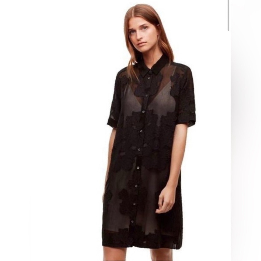 Aritzia Wilfred Hemistiche Short Sleeve Button Up Black Dress